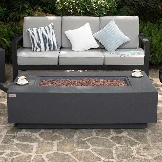 AMS Creations | Madison 60" Bundle Rectangular Propane Gas Outdoor Fire Pit Table | Dark Gray Concrete GFRC | Limestone Texture or Surface | Electronic Ignition | Outside Backyard Fireplace