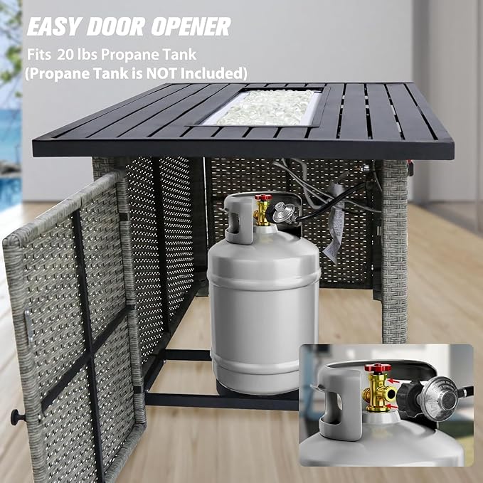 EAGLE PEAK 42'' Rectangular Propane Gas Fire Pit Table with Glass Beads， Wind Guard & Cover Storage, 50,000 BTU Outdoor Firepit Tabletop with Lid and Tank Compartment, Gray PE Rattan
