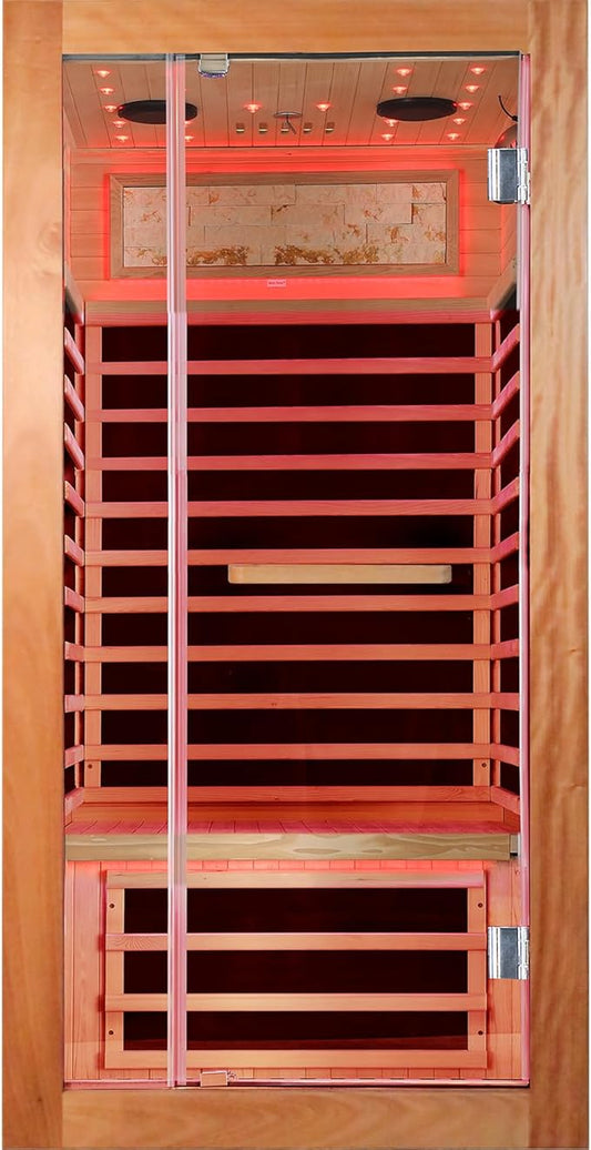 Sauna One Person Far Infrared Saunas Room African Mahogany Wood 1350W Dry Saunas Spa with 7 Starry Sky Light Wood Wax Oil on Outer Surface 33.5 * 33.5 * 70.9inch