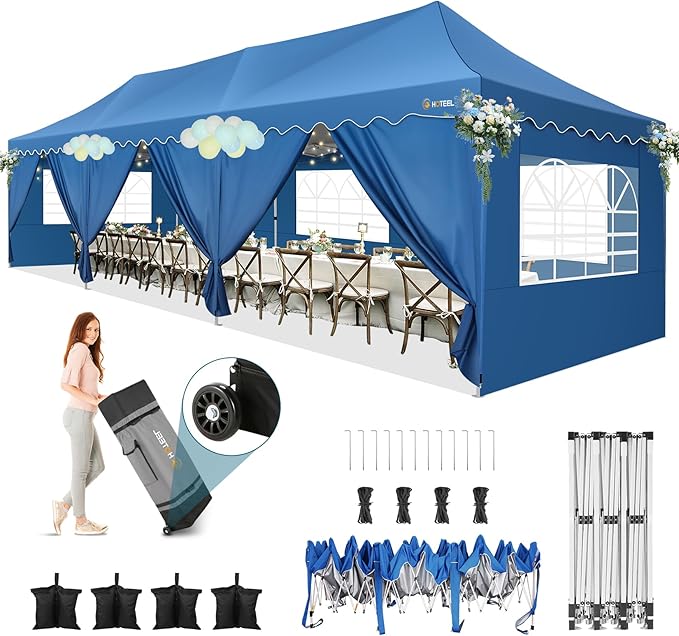 HOTEEL Pop Up Canopy 10x30 Large Party Tent with 8 Sidewalls, Portable Outdoor Canopy with Roller Bag,Sandbags,UV Resistant Waterproof, Easy Up Tents for Parties, Backyard, Wedding, Event, Blue
