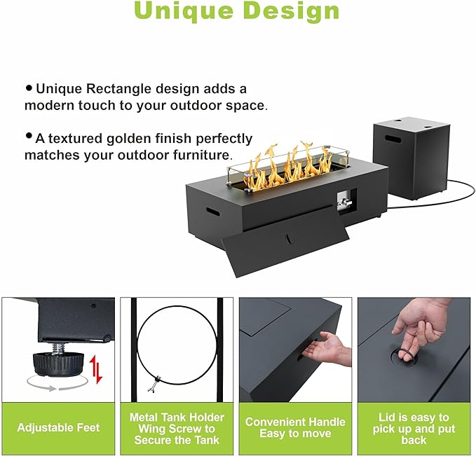42 inch Propane Fire Pit Table, 2 in 1 Outdoor Fire Pit with 20lb Tank Cover, Outside Patio Deck and Garden, LED Gas Fireplace Table with Lid and Stone, 50,000 BTU Adjustable Flame, Black