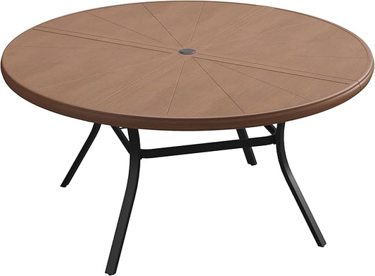 VICLLAX Round Patio Dining Table, 6-8 Person Aluminum Outdoor Dining Table with Umbrella Hole and Storage Shelf for Garden Lawn Deck, 53" Walnut