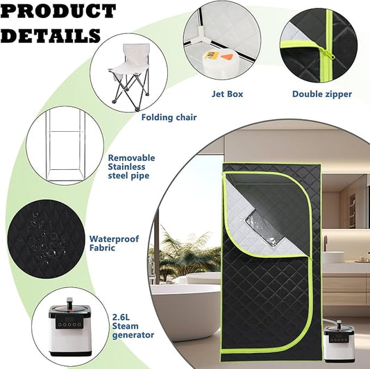 Portable Sauna Box, Portable Steam Sauna for Home with 2.6L 1000W Steamer, 15 Levels, Folding Chair, Extra Large Size (31.5 x 31.5 x 68.9 inch)