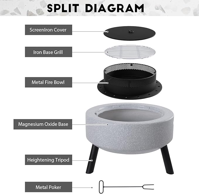 Outdoor Round Fire Pit 25” Faux Concrete Burning Firepit Portable Tripod Charcoal Grill for Patio Garden Backyard Barbecue, with Spark Screen, Firebowl, Poker, Stainless Steel Rack