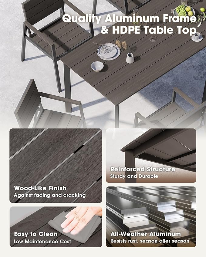 Outdoor Patio Dining Table, Aluminum & HDPE Outdoor Table with Umbrella Hole, All-Weather for Deck, Garden, Lawn, Backyard, Poolside and Indoor Use (Charcoal)