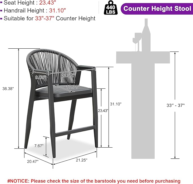 PURPLE LEAF Outdoor Counter Height Bar Stool Set of 4 Wicker Woven Counter Stools Bar Chairs Barstool for Patio Kitchen Island Lawn Grey