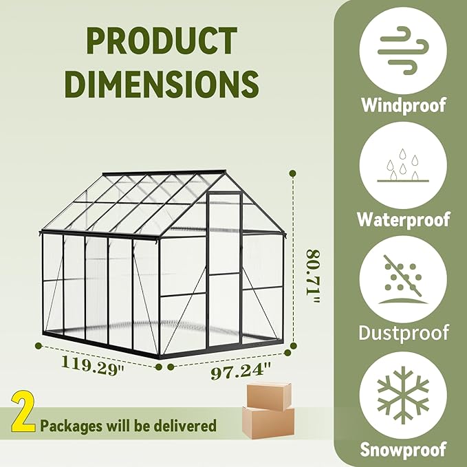 8X10 FT Greenhouse for Outdoors with Thermometers, Polycarbonate Walk-in Green House for Outside, Reinforced Aluminum Frame Greenhouses, Heavy Duty Garden, Patio, Backyard Flower Planting