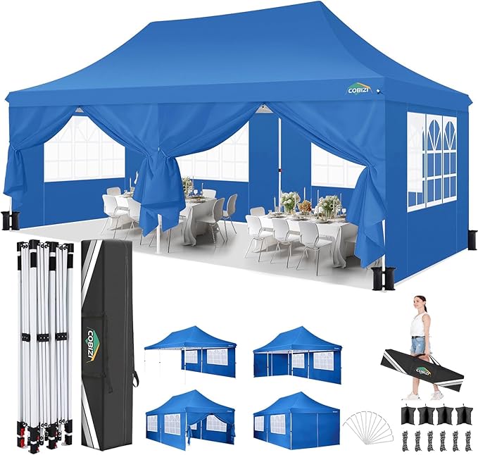 COBIZI 10x20 Pop Up Canopy with 6 Sidewalls, Conical Party Tent 10x20 with 3 Adjustable Height Waterproof, UV-Resistant with Carry Bag, Sandbag, Stake, Ropes for Parties, Commercial (Frame Upgraded)