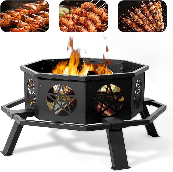 35 Inch Outdoor Fire Pit, Heavy Duty Wood Burning Firepits for Outside, Octagonal Metal Bonfire Fire Pits with Fire Poker for Camping, Backyard, Patio, Garden, Beach, Poolside, Picnic