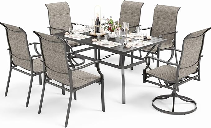 MFSTUDIO 7 PCS Patio Dining Set with Rectangular Metal Table and 4 Pieces Padded Extra Large Sling Chairs and 2 Swivel Chairs, Umbrella Hole, Outdoor Furniture for 6
