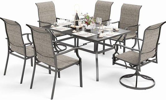 MFSTUDIO 7 PCS Patio Dining Set with Rectangular Metal Table and 4 Pieces Padded Extra Large Sling Chairs and 2 Swivel Chairs, Umbrella Hole, Outdoor Furniture for 6