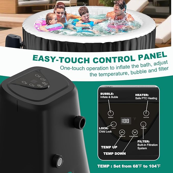 DoCred 2-4 Person Inflatable Hot Tub, 71" X 71" X 25" Round Blow up Portable Hot tub with 120 Bubble Jets, Large Outdoor Spa Bathtub Set Included Heater Pump, Insulated Cover and Filter