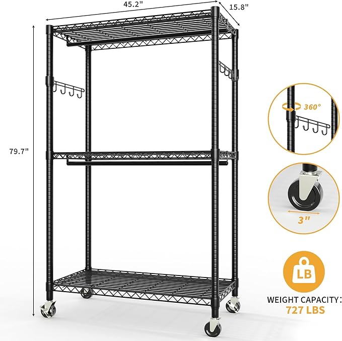 Heavy Duty Rolling Clothes Rack with 22 mm pipes, 694LBS Metal Garment Rack for Hanging Clothes, Freestanding Clothing Racks with Adjustable Storage Shelves Hanging Rod & Side Hooks