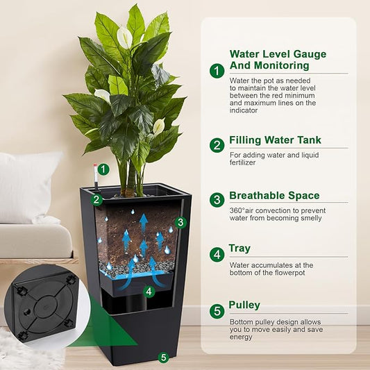 Garvee 30" Tall Planters Set of 2, Outdoor＆Indoor Black Planter Pots, High Front Porch Planter Pots with Drainage Holes＆Water Level Monitor＆Inner Bucket,Black