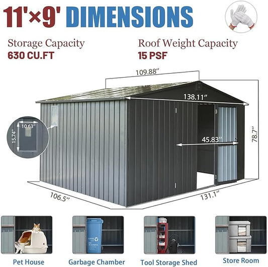 Backyard Storage Shed 11x9ft with Windows, Dark Gray Galvanized Steel Garden Shed - 630 Cu.Ft Outdoor Utility Shed, Lockable Double Doors & Sloped Roof for Patio