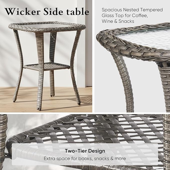 Belord Luxury 6" Thick Cushioned Outdoor Swivel Rocker Patio Chairs Set of 4 with Side Table, High Back Wicker Furniture Set with Ergonomic Zone Back, Conversation Set for Deck Porch - Grey+Beige