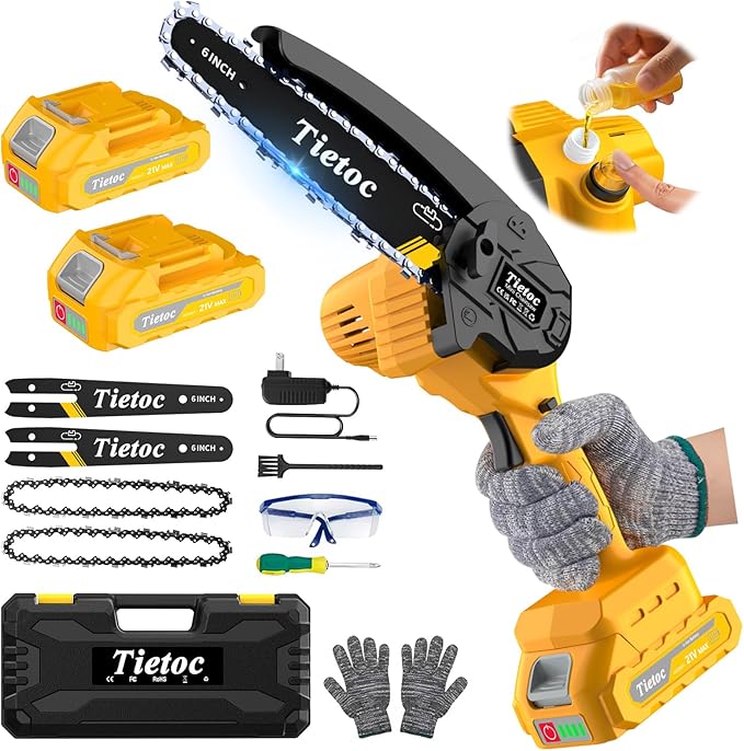 Mini Chainsaw Cordless,6-Inch Electric Chainsaw with 2 Battery 2 Chains,Battery Powered Handheld Chain Saw with Automatic Oiler, for Tree Trimming,Cutting Wood,Garden Tool,Gift for Men Father Husband