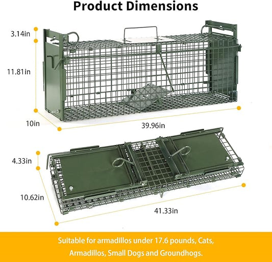 40" 2-Door Large Live Animal Traps for Stray Cats up to 17.6 pounds, Raccoons, Squirrel, Skunk, Mole, Groundhog, Armadillo, Rabbit, with Pedal Triggers