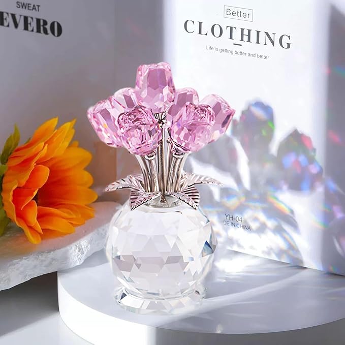 Crystal Rose Flower Collectible Figurine,Valentines Gifts for Girlfriend or Wife Bouquet Figurines Artificial Flowers Quartz Glitter Roses for Glass Flowers(Pink)