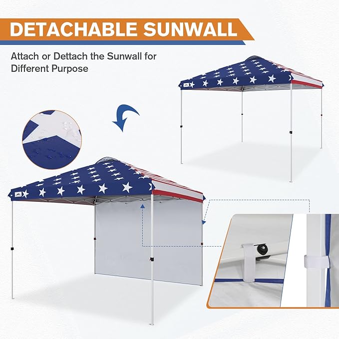 EAGLE PEAK Pop Up Canopy Tent with 1 Sidewall, Easy Setup Event Tent, Outdoor Sun Shade, Wheeled Carry Bag, Stakes and Guy Ropes, Instant Canopy 10x10, American Flag