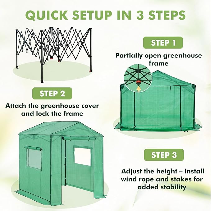 EAGLE PEAK 6x6 Portable Pop Up Greenhouse, Patented Center Lock Easy One Person Setup, Walk-in Outdoor Greenhouse with Gable Roof, Weight Bags, Zippered Doors & Windows, Green