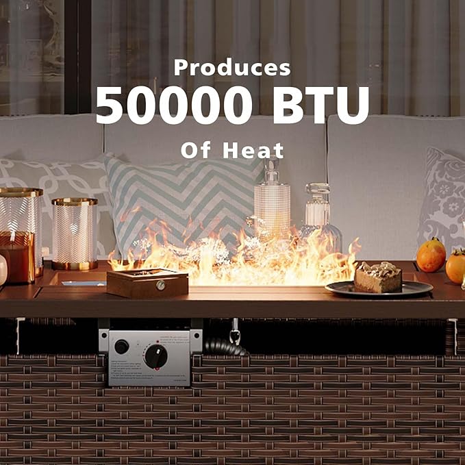 Aoxun 44" Propane Fire Pit with Storage 50,000 BTU Outdoor Wicker Fire Table CSA Certified Patio Rectangular Gas Fire Pit Table with Firepit Lid and Waterproof Cover