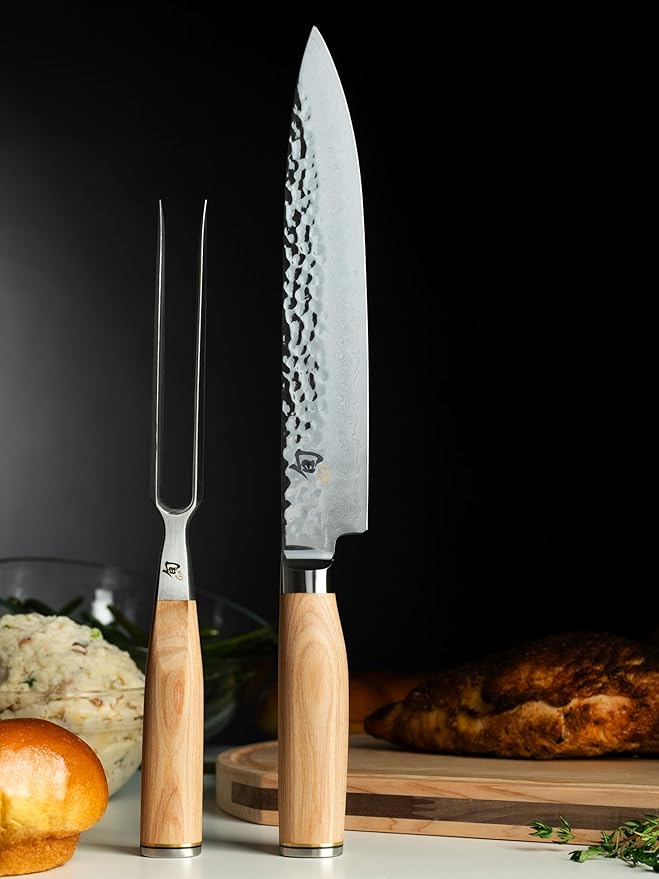 Shun Premier Blonde 2 Piece Carving Set, Includes 9.5" Premier Slicing Knife and Carving Fork, Handcrafted Japanese Knife Set, VG-MAX Core with Damascus Stainless Steel Cladding, Pakkawood Handle