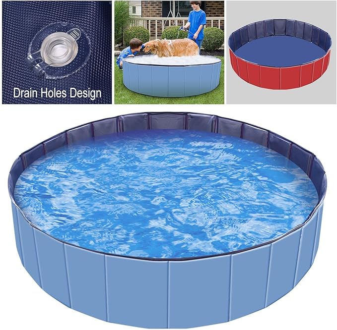 Foldable Pet Swimming Pool - Large 63" PVC Kiddie Dog Pool Bathing Tub for Dogs Cats Kids Portable Summer Outdoor Water Playmat Non-Slip Bottom Easy Drain (Blue)
