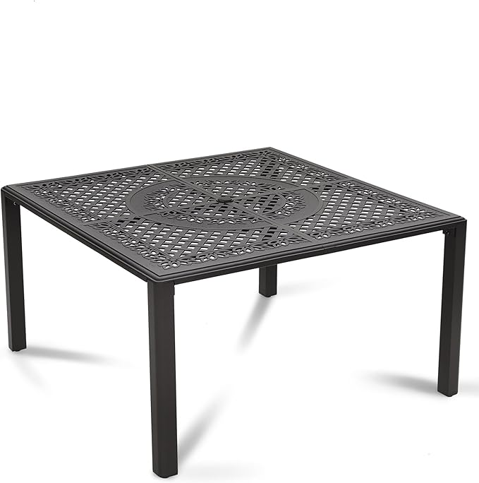 MFSTUDIO Cast Aluminum Outdoor Dining Table, 53" Square Patio Table with Umbrella Hole, Metal Aluminum Patio Dining Table for 8