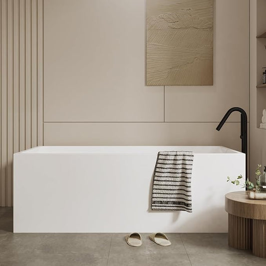 67" Free Standing Tub, Acrylic Soaking Bathtub, Stand Alone Freestanding Tub with Matte Sliver Drain and Overflow, Contemporary Bathtub for Bathroom, White