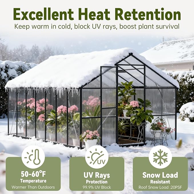 8x14 FT Greenhouses for Outdoors, Polycarbonate Greenhouse, Easy Assembly Aluminum Green Houses for Outside Heavy Duty, Snow-Resistant Walk-in Winter Greenhouse for Garden Backyard