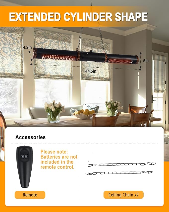 Star Patio Electric Patio Heater, Hanging Heaters, Ceiling Outdoor Heater, 750/1500W Infrared Heaters with Cylinder Shape, Sectional & Silent Heating, IP54 Waterproof, STP2566-RMLED-CN2025