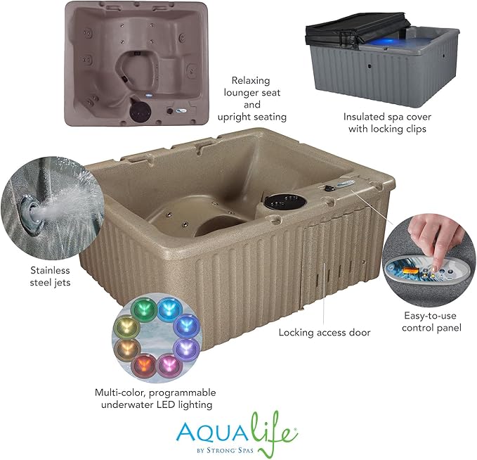 Aqualife Current Hot Tub, 4-Adult Capasity, Plug and Play Spa with Stainless Steel Heater and Free Clip on Cover for Protection