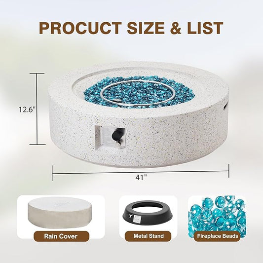 Outdoor Propane Fire Pit Table Set – Premium Terrazzo-Like MgO Finish, Round Gas Fire Table for Patio, Garden & Backyard, Includes Rain Cover & Glass Beads