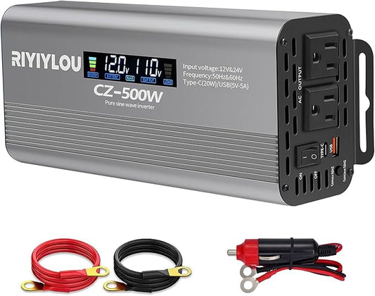 500W Pure Sine Wave Inverter (1000W Peak), 12V/24V Auto-Detect, 50Hz/60Hz Switchable, LCD Display, Type-C Fast Charging, Silent Design, Overload & Overheat Protection for RV, Home (500W)