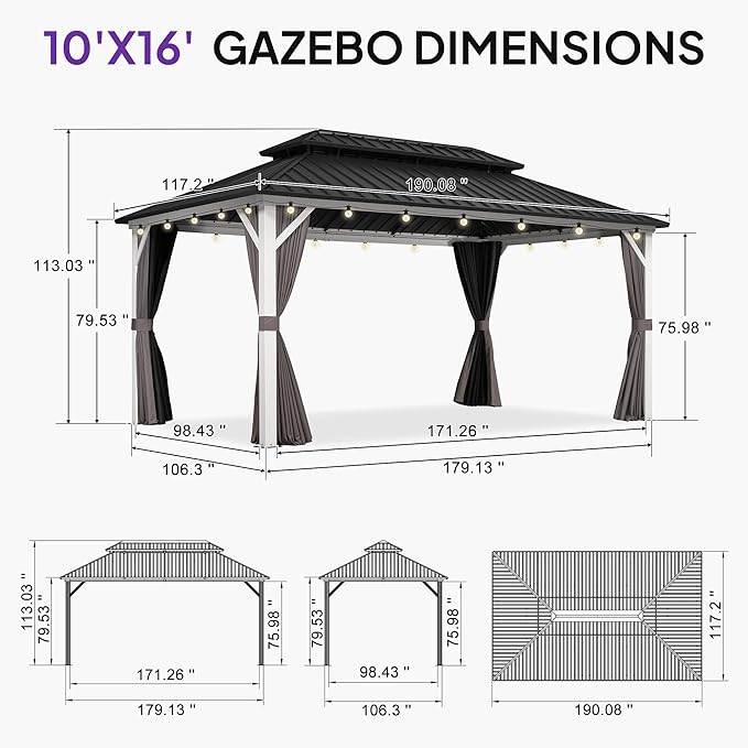 PURPLE LEAF 10' X 16' Outdoor Gazebo Galvanized Steel Double Roof White Aluminum Frame Hardtop Heavy Duty Gazebo with Curtain and Netting for Patio Garden and Backyard, Grey
