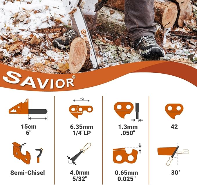 Savior 3Pack A42 6 Inch Chainsaw Chain for B&D Alligator Lopper LLP120, LLP120B Worx WG307 WG320 Jawsaw CRAFTSMAN CMZCSC6 6" Chainsaw Replacement Chain, Pitch: 1/4", Gauge: .050", Drive Link Count: 42