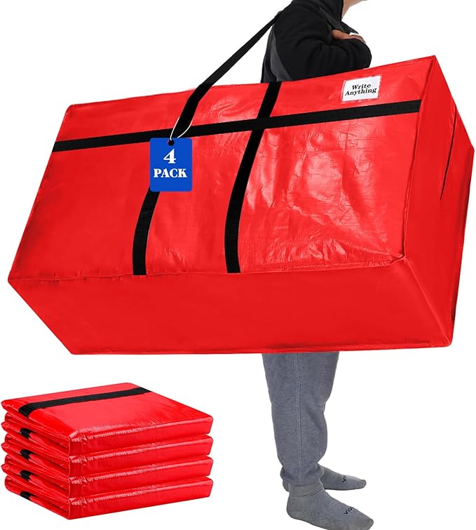 Windyun 4 Pack 57 Gallon Extra Large Storage Bags XXL Moving Bags with Zipper Handles Heavy Duty Jumbo Big Tote Box for Christmas Tree Storage 4, 5, 7.5, 9, 10, 12 ft Skeleton College Dorm(Red)