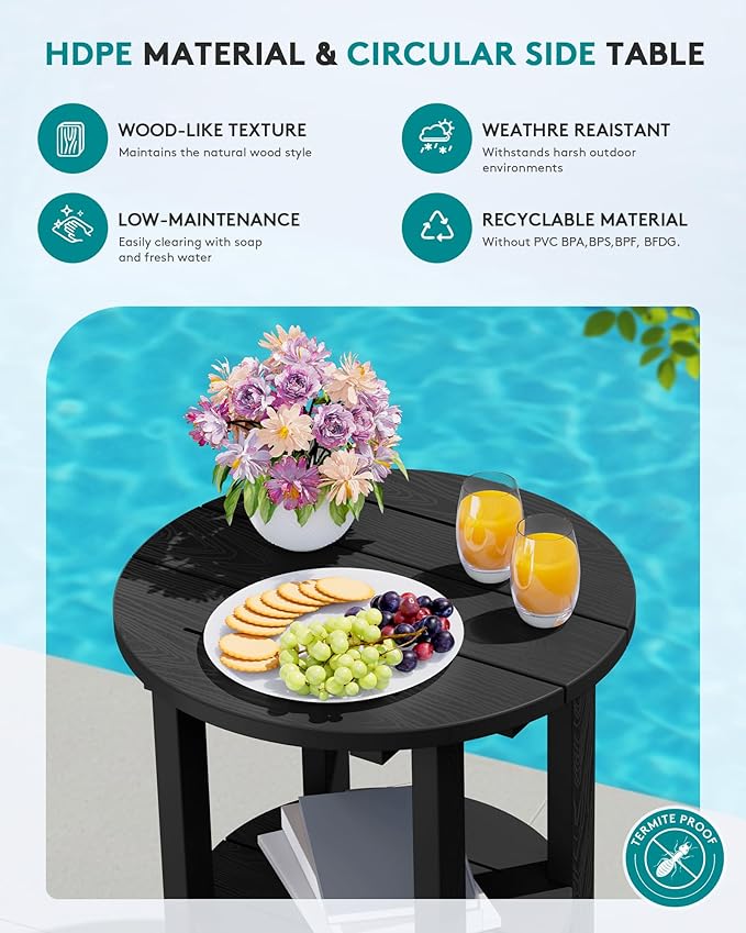 SERWALL Round Outdoor Side Table Set of 4, HDPE Small Adirondack Double End Table, Black