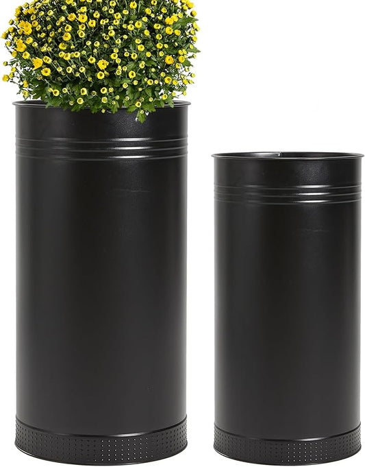 Worth Garden Galvanized Steel Planter 2-Pack - Large:28"x14.5" & Small:24"x12" - Tall Metal Plant Pots - Large Handcrafted Decoration Flower Pot for Indoor Outdoor, Deck, Patio, Front Porch - Black