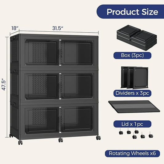 150GAL Extra Large Storage Bins with Lid, 600Qt Stackable Closet Organizers and Drawers, Collapsible Storage Bins with Wheels, Folding Containers for Home, Kitchen Office, 3Pack Black