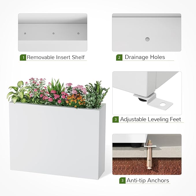 Stoog 38" Large Planters for Outdoor Plants Set of 2, Rectangular Metal Planter Box with Removable Insert Shelf, Ideal for Plants, Flowers, Vegetables, Garden, White