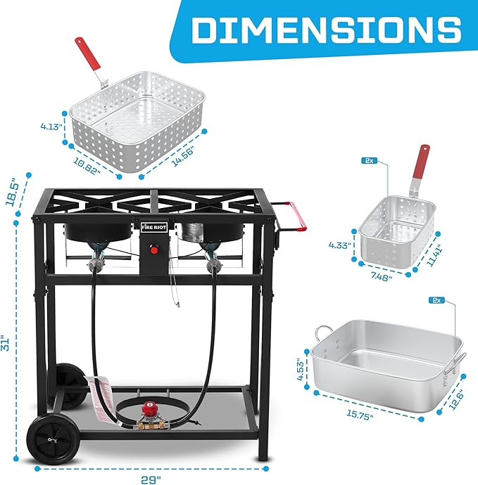 Fire Riot Deep Fryer with Double Burner Propane Stove Outdoor, 2×18QT Aluminum Pots & Frying Baskets, 100,000 BTU High-Power, Fish Fryer for Wings, Fries, Cajun Fry