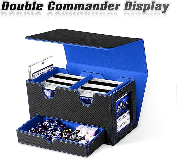 MTG Deck Box with 2 Commander Display,Commder Deck Box Fits 310+ Cards，with Dice Tray,Leather Magnetic,Fits for TCG CCG Magic Cards (Black Blue)