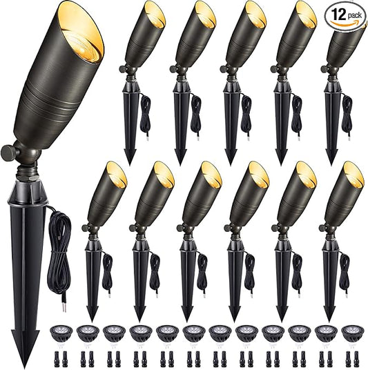 Gardenreet Die-Cast Brass Spot Light Outdoor - 12V LED Uplighting Waterproof, Low Voltage Landscape Lights Direct Wire, Bronze for Fence Fountain with Daytime White MR16 Replaceable Bulbs (12 Pack)