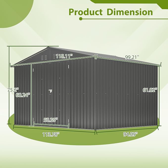 Favfurish Outdoor Storage Shed 10x8FT, Heavy Duty Tool Sheds with Lockable Door & Shutter Vents, Waterproof Garden Shed for Backyard Lawn Patio, Black