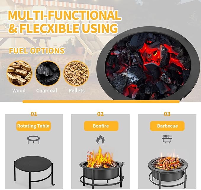 52 Inch Fire Pits for Outside Wood Burning with Rotating Table, Multifunctional Fire Pit with Grill Grate, Poker & Waterproof Cover, Portable Outdoor Bonfire Pit for Camping, Patio, Backyard