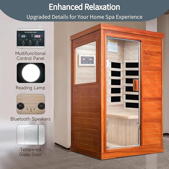 RIGO Far Infrared Sauna for Home Dry Sauna for Home Wood Sauna Room 1 Person Infrared Sauna Indoor One Person Sauna Low EMF Okoume Wood Sauna with Control Panel, Speakers and Tempered Glass Door