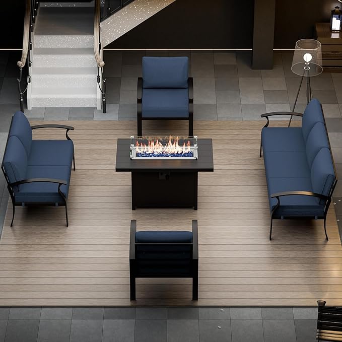 Aluminum Patio Furniture Set with Fire Pit Table, 7 Seats Outdoor Patio Conversation Set Modern Metal Patio Sectional Sofa with Upgrade Cushions for Patio, Backyard (Navy)