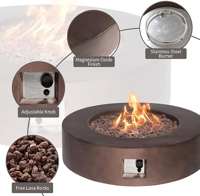 SUNBURY Outdoor 42-Inch Propane Fire Pit,Dark Brown Concrete Patio Fire Table 50,000 BTU w Waterproof Cover, Lava Rocks